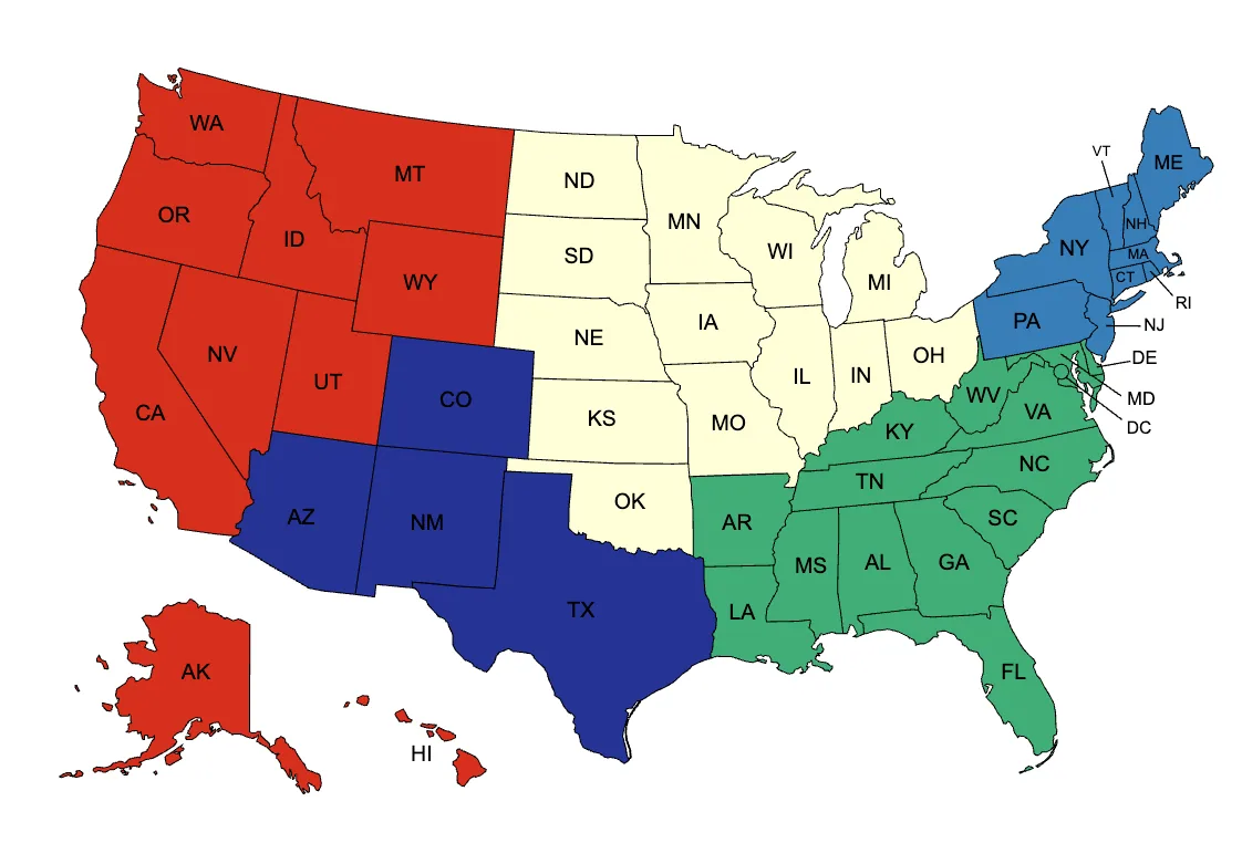 US regions map showing the first version of location groupings