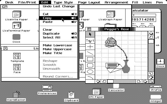 The Apple Lisa computer interface, released in 1983, which helped establish the modern GUI paradigm including clipboard operations