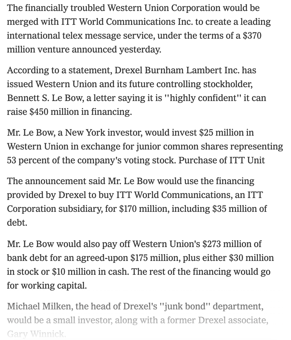 New York Times coverage of the 1987 Western Union / ITT World Communications refinancing deal