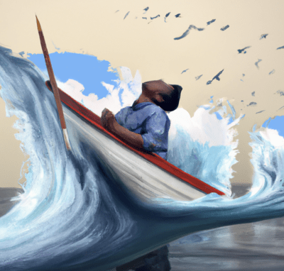 This image was created with the assistance of DALL·E 2: person acting as a boat crashing through waves, painting surrealist